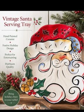 LARGE Clay Art Merry Santa Ceramic Platter. Sz-16x12 Hand Painted | Divided